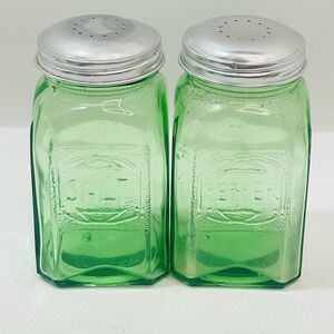 Green Embossed Glass Salt & Pepper Shaker Set w Aluminum Lid Set of 2